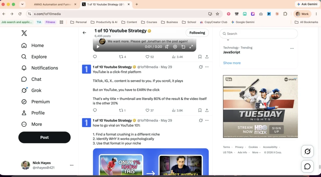 1of10 tweet — why viewers click a YouTube video (title + thumbnail), 3.8K views