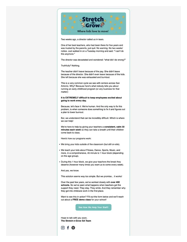 Email preview showing outreach copy for Stretch-N-Grow SA school director campaign