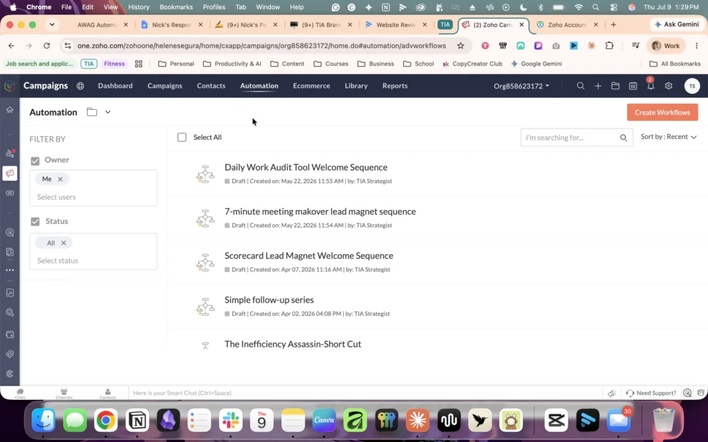 Zoho Campaigns showing 5 automation workflows built for The Inefficiency Assassin