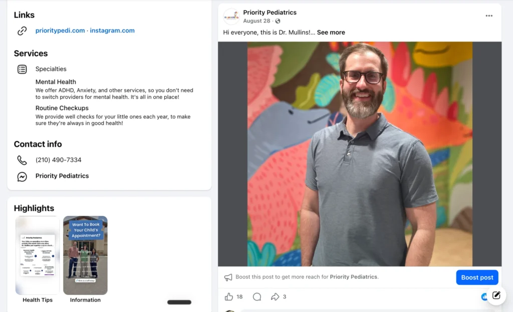Dr. Mullins of Priority Pediatrics introducing himself in a Facebook post to San Antonio families