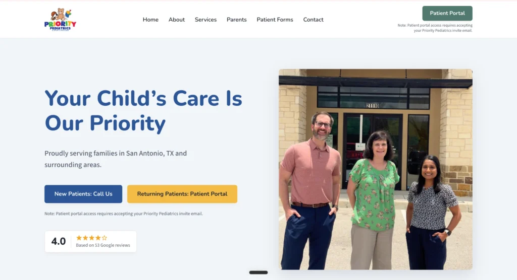Redesigned Priority Pediatrics homepage hero reading Your Child's Care Is Our Priority
